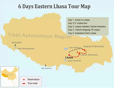 6 Days Eastern Lhasa Discovery Tour Map