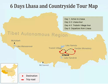 6 Days Lhasa Countryside Tour Map