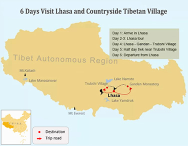 6 Days Lhasa & Tibetan Village Tour Map