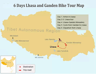 6 Days Lhasa to Ganden Bike Tour Map