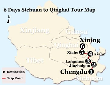 6 Days Sichuan to Qinghai Tour Map