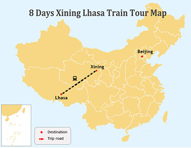 7 Days Classic Xining to Tibet Tour by Train Map