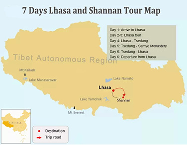 7 Days Lhasa Brahmaputra Cultural Tour Map