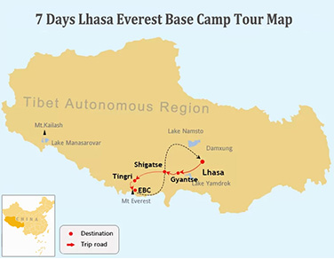 7 Days Lhasa to Everest Base Camp Tour Map