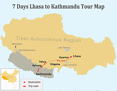 7 Days Lhasa to Kathmandu Tour Map