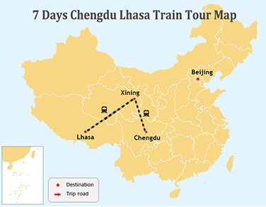 7 Days Chengdu and Tibet Train Tour Map