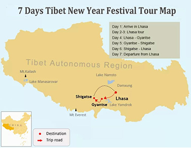7 Days Tibet New Year Festival Tour Map