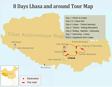 8 Days Lhasa and around Tour Map