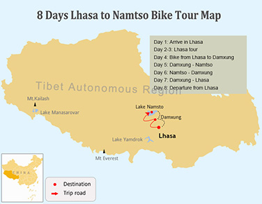 8 Days Lhasa to Lake Namtso Bike Tour Map