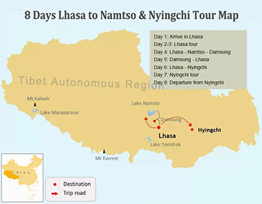 8 Days Tibet Forest and Mountains Tour Map