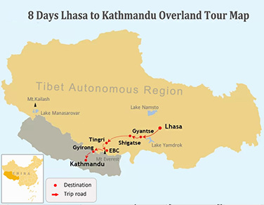 8 Days Tibet Nepal in-depth Tour Map