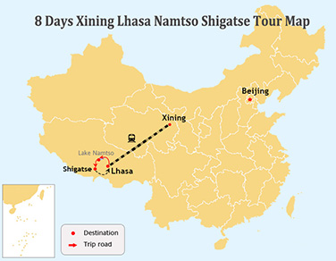 8 Days Xining Train to Tibet Tour Map