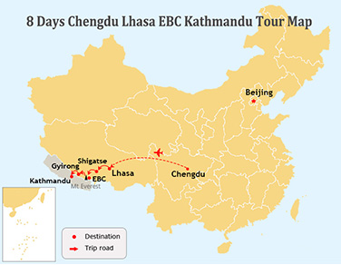 8 Days Chengdu Lhasa Kathmandu overland Tour Map