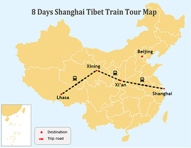 8 Days Classic Shanghai Tibet Tour Map