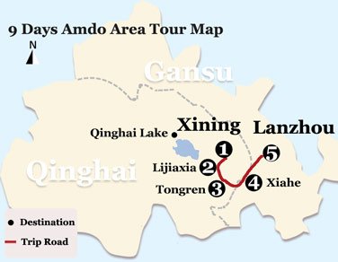 9 Days Amdo Area Tour Map