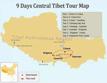 9 Days Central Tibet Tour Map
