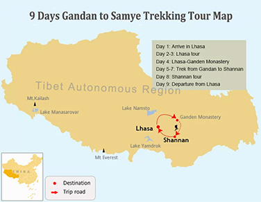 9 Days Ganden to Samye Trek Map