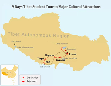 9 Days Tibet Student Tour Map