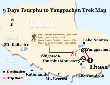 9 Days Tsurphu to Yangpachen Trek Map