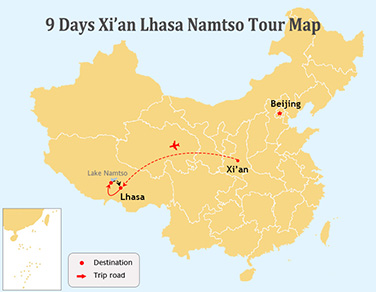 9 Days Xi’an to Lhasa and Heavenly Namtso Tour Map