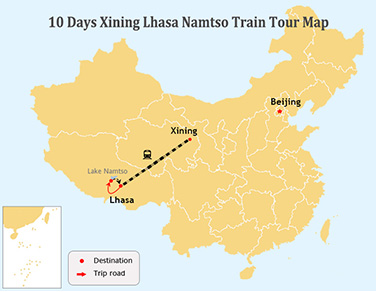 9 Days Xining to Lhasa and Sacred Namtso Lake Tour Map