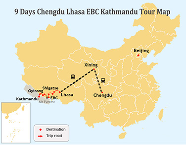 9 Days Chengdu Tibet Kathmandu Train Tour Map