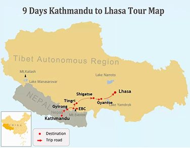 9 Days Kathmandu Everest Lhasa Tour Map