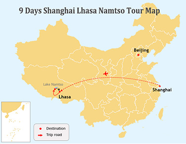 9 Days Shanghai Lhasa and Namtso Tour Map