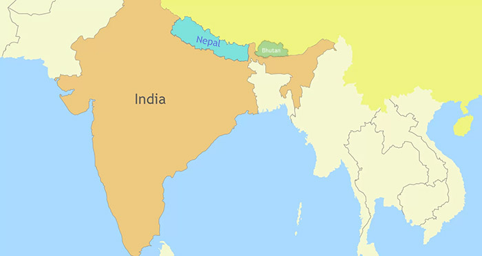 India Nepal and Bhutan Map