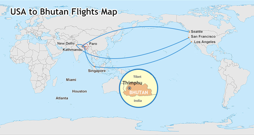 USA to Bhutan Flights on Map