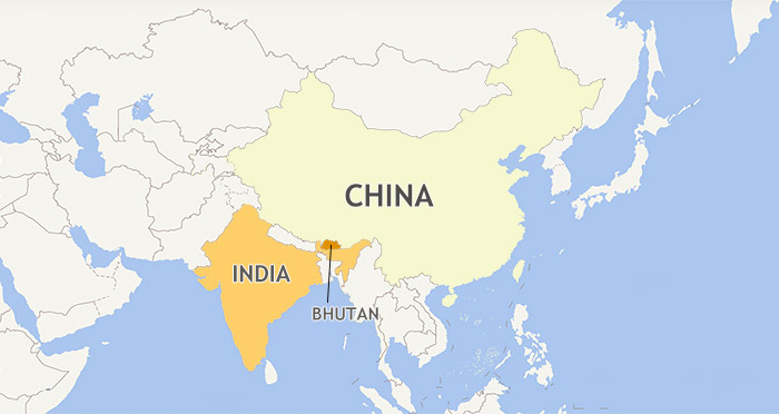 Bhutan with its bordering countries China and India on Map