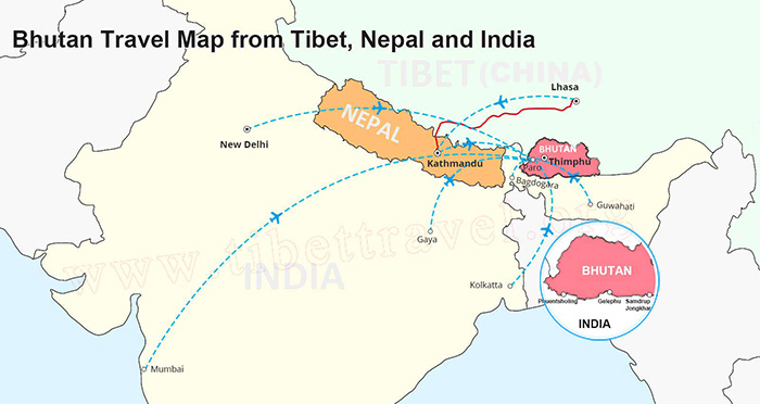 Travel Map of Bhutan, India, Tibet and Nepal