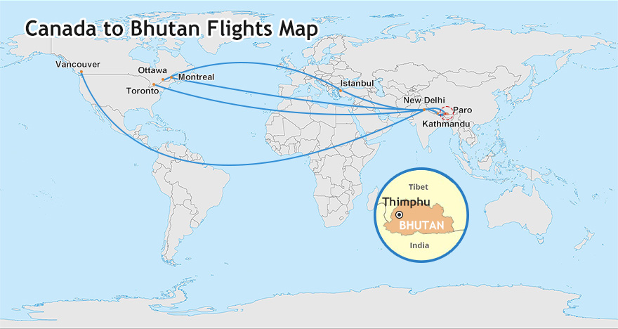 Canada to Bhutan Flights on Map