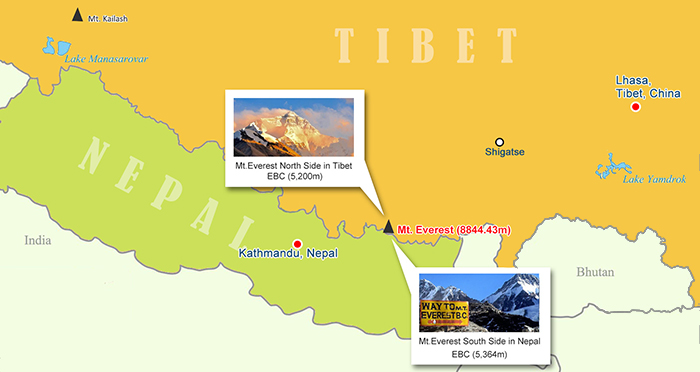 location of nepal tibet and mount everest