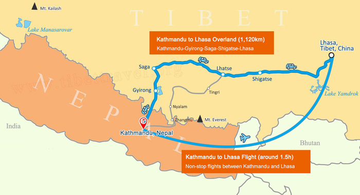 map of lhasa to 
kathmandu overland and flight route