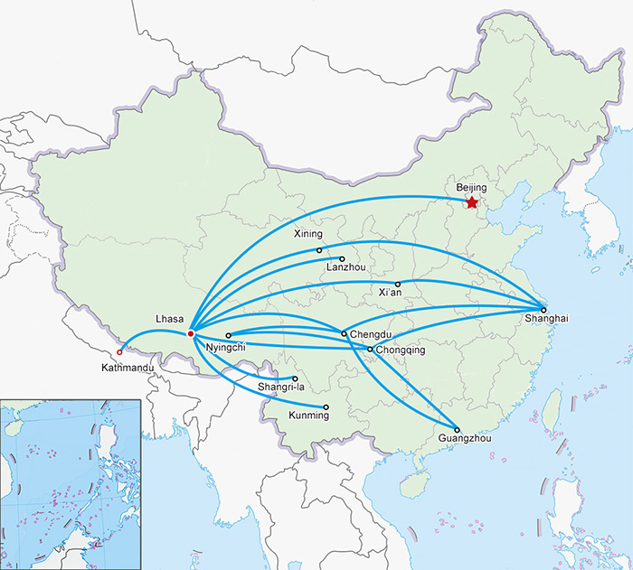 Map of Flights to Lhasa