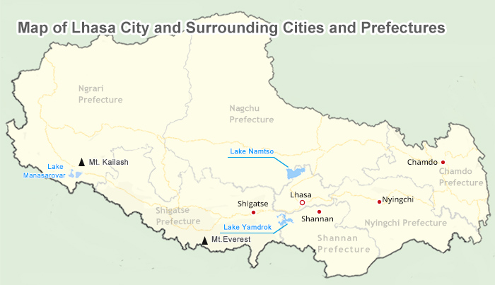 Lhasa Surrounding Cities and Prefectures in Tibet on Map