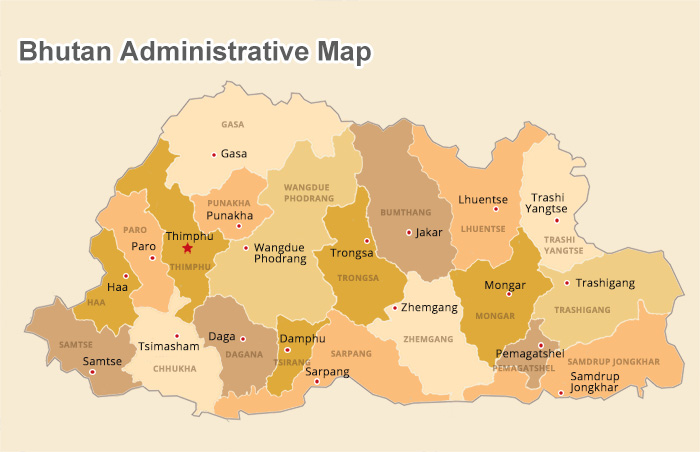 Bhutan Map with Cities and Dzongkhas