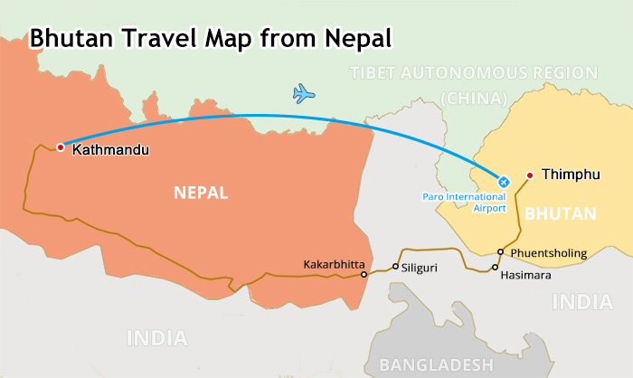 Map of Bhutan to Nepal 