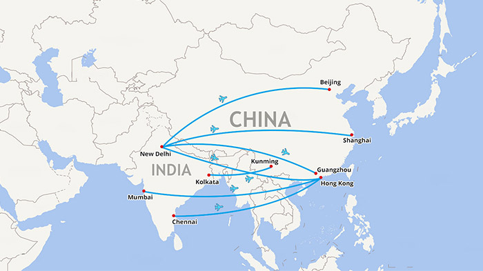 india china flight map