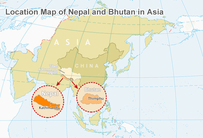 Map of Nepal Bhutan in Asia