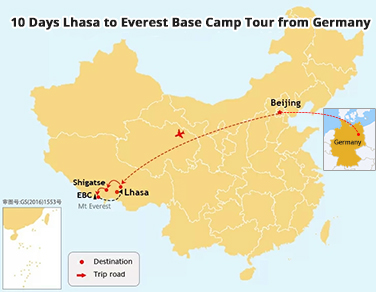 10 Days Germany to Lhasa and Everest Base Camp Tour Map