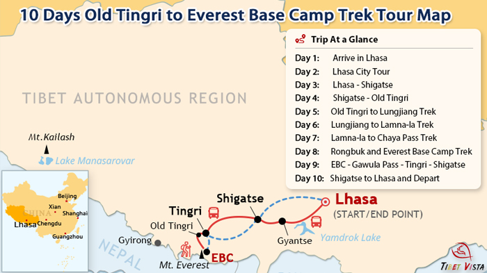 10 Days Old Tingri to EBC Trek Tour Map
