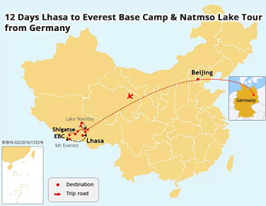 12 Days Germany Beijing Lhasa Everest Base Camp and Natmso Lake Tour Map