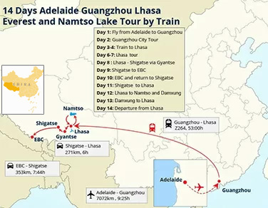 14 Days Adelaide Guangzhou Lhasa Everest and Namtso Lake Tour by Train