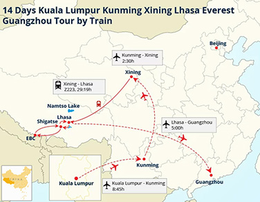 14 Days Kuala Lumpur Kunming Xining Lhasa Everest Guangzhou Tour by Train