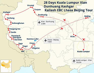 28 Days Kuala Lumpur Xian Dunhuang Kashgar Kailash EBC Lhasa Beijing Tour