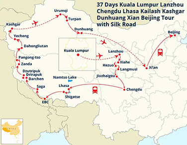 37 Days Kuala Lumpur Lanzhou Chengdu Lhasa Kailash Kashgar Dunhuang Xian Beijing Tour with Silk Road