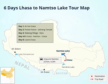 6 Days Lhasa to Lake NamtsoTour Map