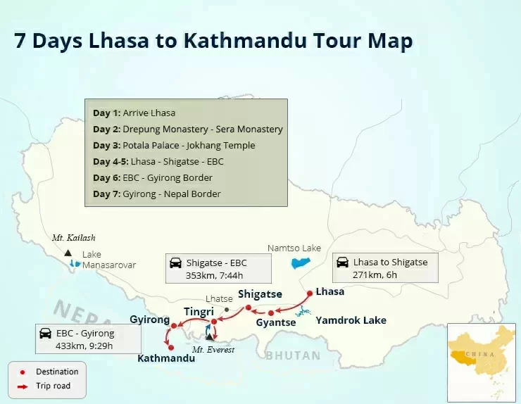 7-day Lhasa to Kathmandu overland tour map
